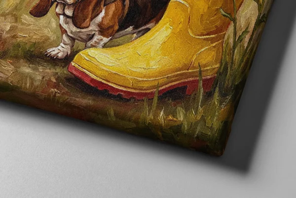 06_Canvas Mock-up 2_right corner_perspective view_compressed Funny Basset Hound Canvas Wall Art with Yellow Rain Boot | Whimsical Dog Matte Canvas Print