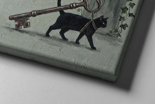 Funny Black Cat Canvas Wall Art with Vintage Key | Whimsical Matte Canvas Print