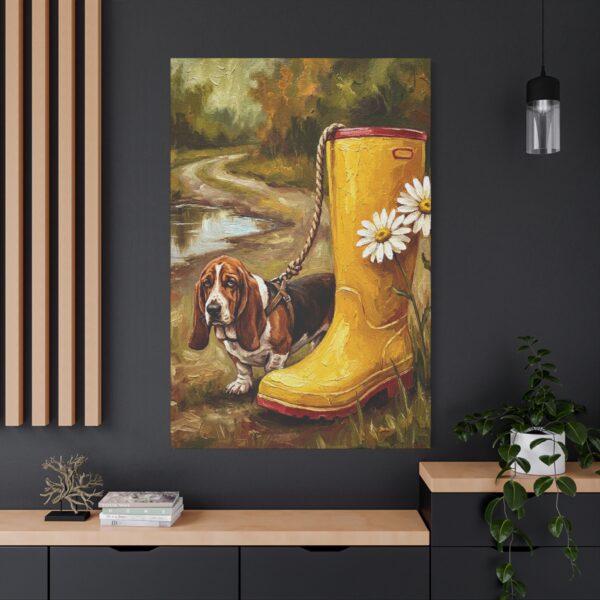 10136022760323458984_2048.jpeg Funny Basset Hound Canvas Wall Art with Yellow Rain Boot | Whimsical Dog Matte Canvas Print