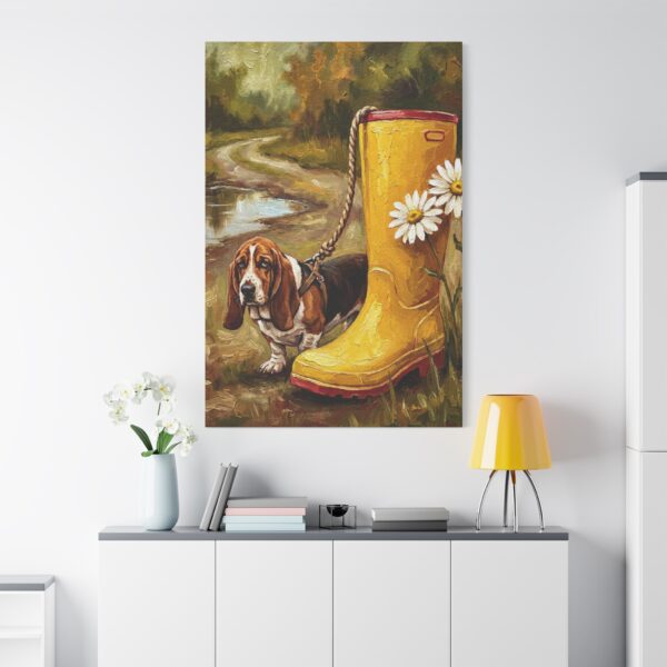 11779907590815517712_2048.jpeg Funny Basset Hound Canvas Wall Art with Yellow Rain Boot | Whimsical Dog Matte Canvas Print