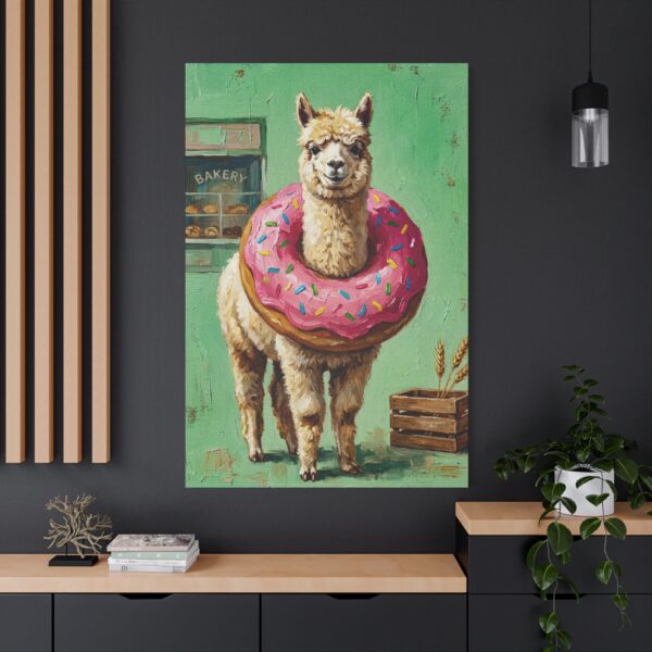 13076906468659349742_2048.jpeg Funny Alpaca Donut Canvas Wall Art, Whimsical Bakery Animal Matte Stretched Canvas Print