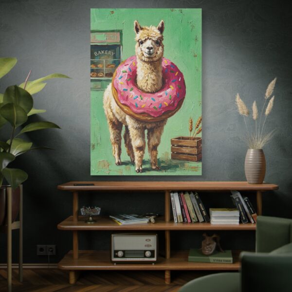 15037724011856539746_2048.jpeg Funny Alpaca Donut Canvas Wall Art, Whimsical Bakery Animal Matte Stretched Canvas Print