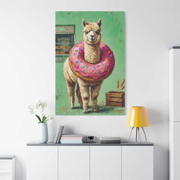 16025914058642912890_2048.jpeg Funny Alpaca Donut Canvas Wall Art, Whimsical Bakery Animal Matte Stretched Canvas Print