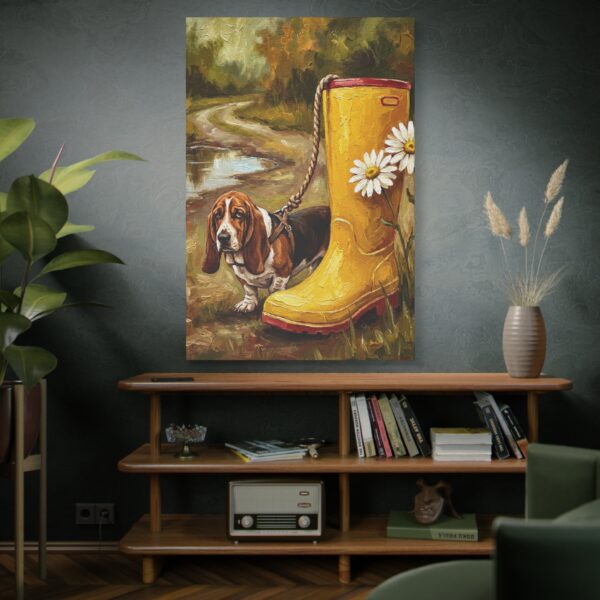 17374163246398870329_2048.jpeg Funny Basset Hound Canvas Wall Art with Yellow Rain Boot | Whimsical Dog Matte Canvas Print