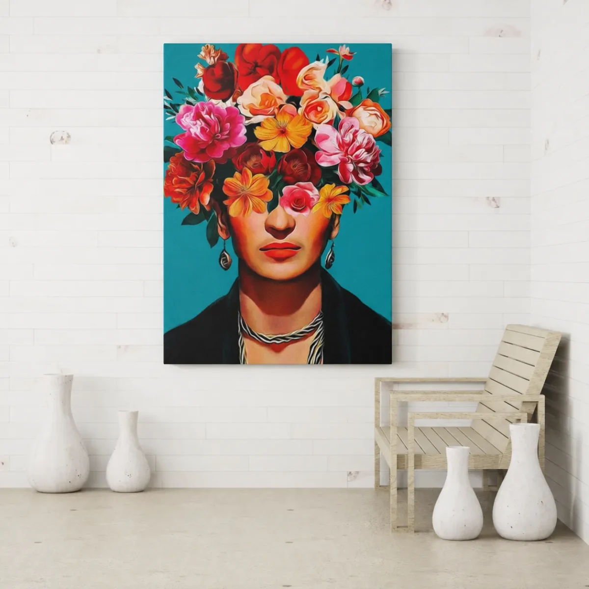 Frida Kahlo Inspired Canvas Wall Art | Floral Portrait Modern Home Decor