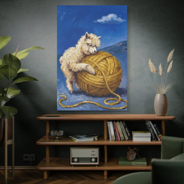 2941740146995269733_2048.jpeg Cute Alpaca Hugging Yarn Canvas Wall Art, Whimsical Farmhouse Animal Matte Canvas Print