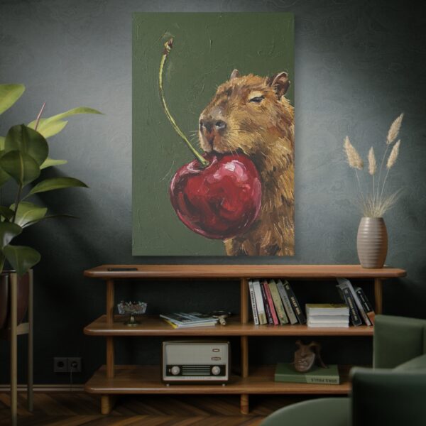 3128385852981582447_2048.jpeg Funny Capybara Canvas Wall Art with Giant Cherry | Whimsical Animal Matte Canvas Print