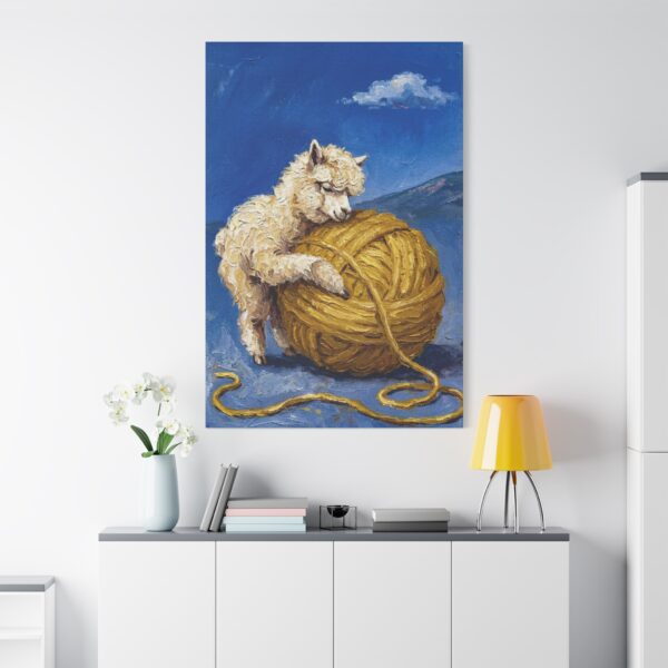 6053424984410989172_2048.jpeg Cute Alpaca Hugging Yarn Canvas Wall Art, Whimsical Farmhouse Animal Matte Canvas Print