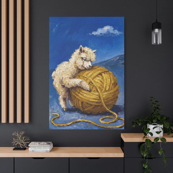 8937575142388623087_2048.jpeg Cute Alpaca Hugging Yarn Canvas Wall Art, Whimsical Farmhouse Animal Matte Canvas Print
