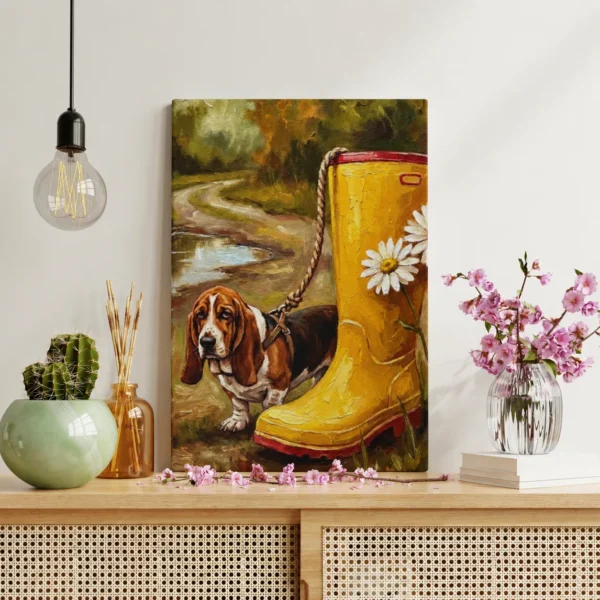 ChatGPT Image Jul 16, 2026, 01_02_22 PM_compressed Funny Basset Hound Canvas Wall Art with Yellow Rain Boot | Whimsical Dog Matte Canvas Print