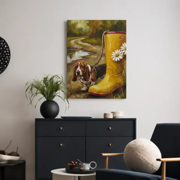 ChatGPT Image Jul 16, 2026, 01_02_32 PM_compressed Funny Basset Hound Canvas Wall Art with Yellow Rain Boot | Whimsical Dog Matte Canvas Print