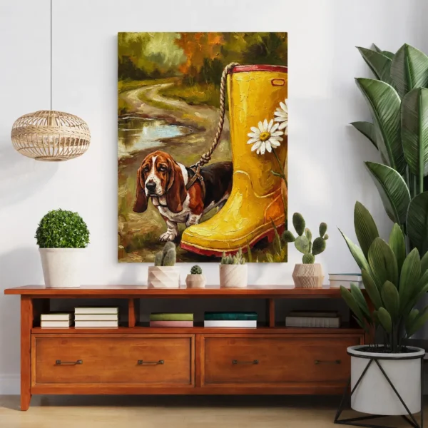 ChatGPT Image Jul 16, 2026, 01_02_38 PM_compressed Funny Basset Hound Canvas Wall Art with Yellow Rain Boot | Whimsical Dog Matte Canvas Print