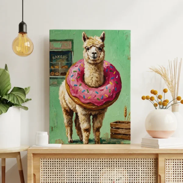ChatGPT Image Jul 16, 2026, 12_01_40 PM_compressed Funny Alpaca Donut Canvas Wall Art, Whimsical Bakery Animal Matte Stretched Canvas Print