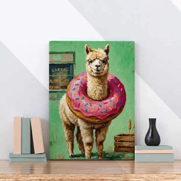 ChatGPT Image Jul 16, 2026, 12_01_47 PM_compressed Funny Alpaca Donut Canvas Wall Art, Whimsical Bakery Animal Matte Stretched Canvas Print