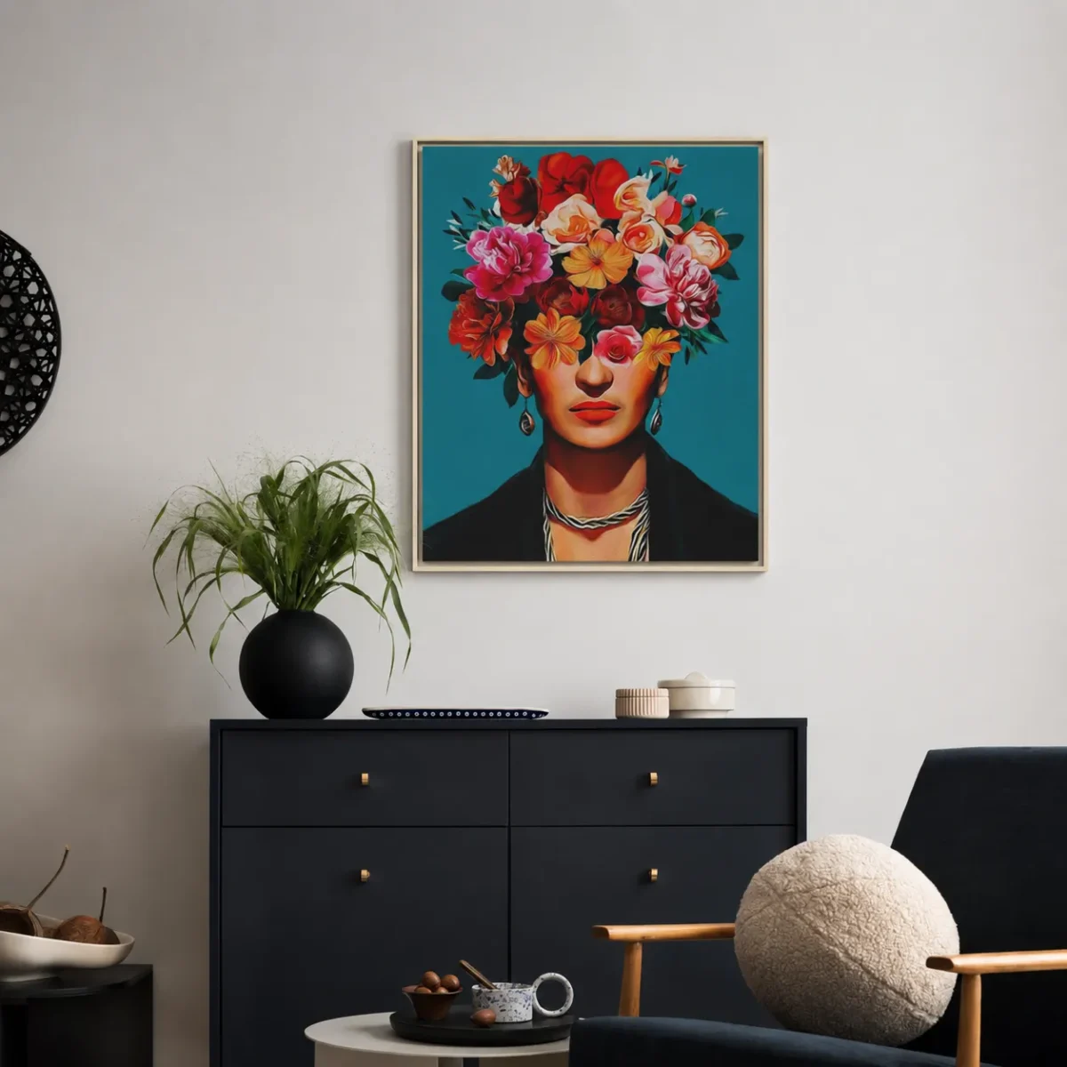Frida Kahlo Inspired Framed Canvas Wall Art | Floral Portrait Home Decor
