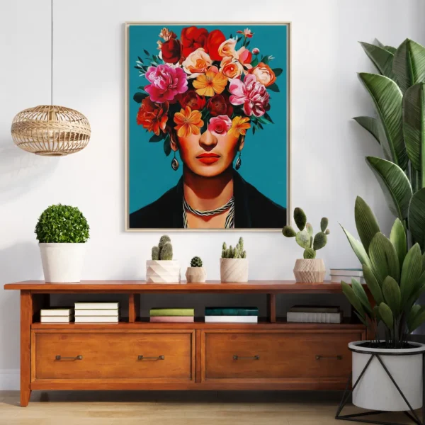 Frida Kahlo Inspired Framed Canvas Wall Art | Floral Portrait Home Decor