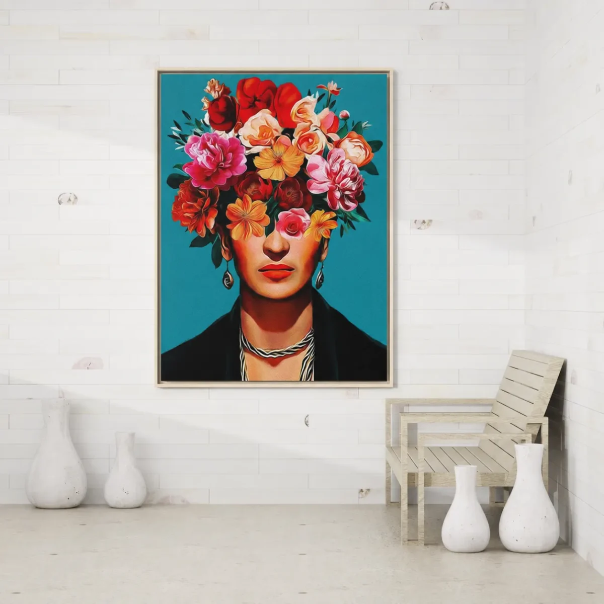 Frida Kahlo Inspired Framed Canvas Wall Art | Floral Portrait Home Decor