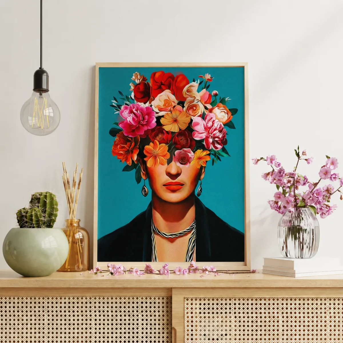 Frida Kahlo Inspired Framed Print | Floral Portrait Matte Wall Art