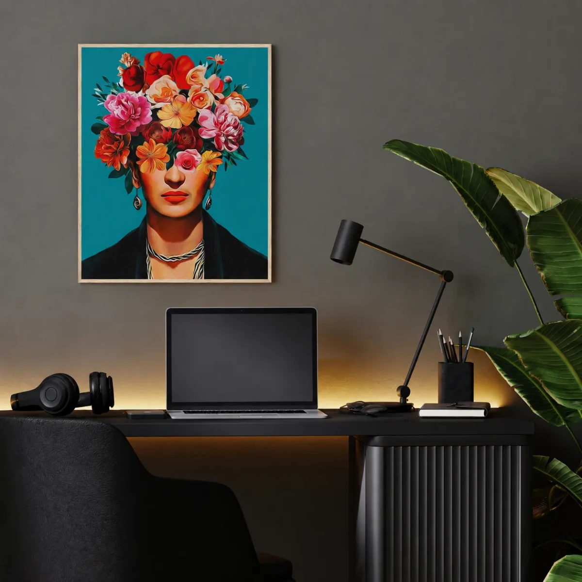 Frida Kahlo Inspired Framed Print | Floral Portrait Matte Wall Art