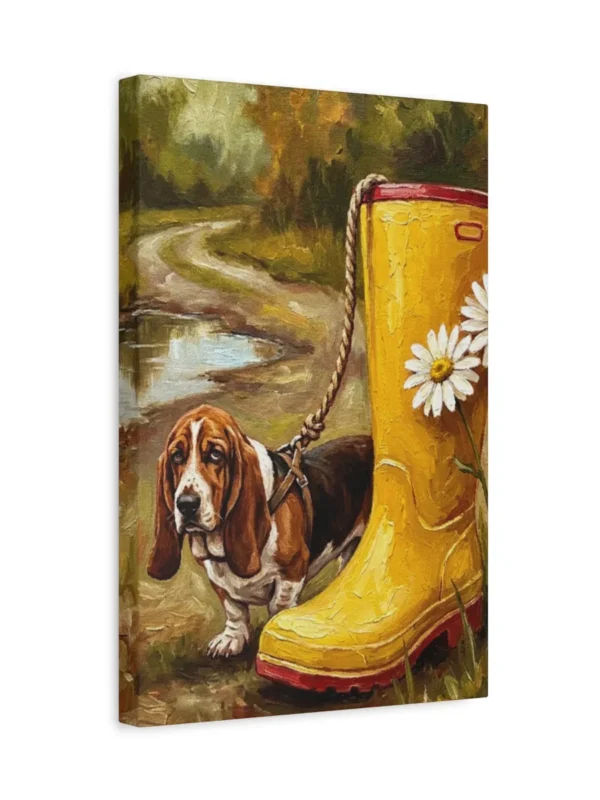 matte-canvas-stretched-125 (1)_compressed Funny Basset Hound Canvas Wall Art with Yellow Rain Boot | Whimsical Dog Matte Canvas Print