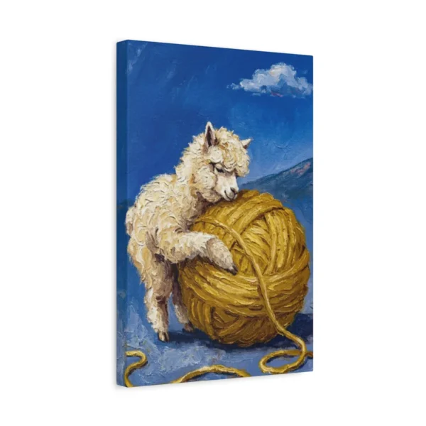 Cute Alpaca Hugging Yarn Canvas Wall Art, Whimsical Farmhouse Animal Matte Canvas Print