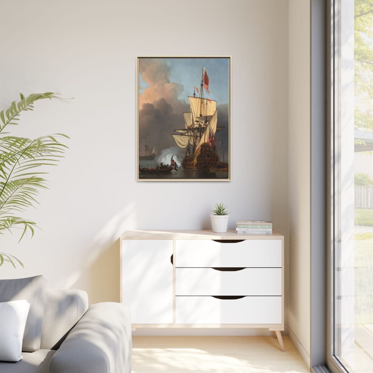 Vintage Maritime Sailing Ship Framed Canvas, Historic Harbor and Naval Wall Art