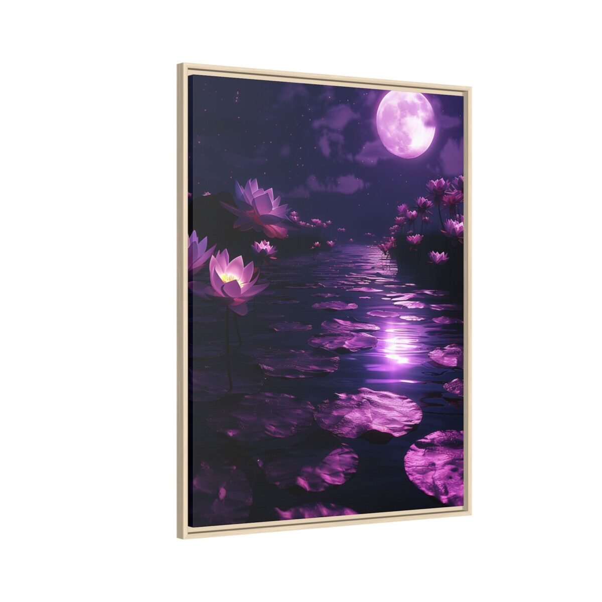 Moonlit Lotus Framed Canvas Wall Art | Purple Botanical Landscape for Modern Decor