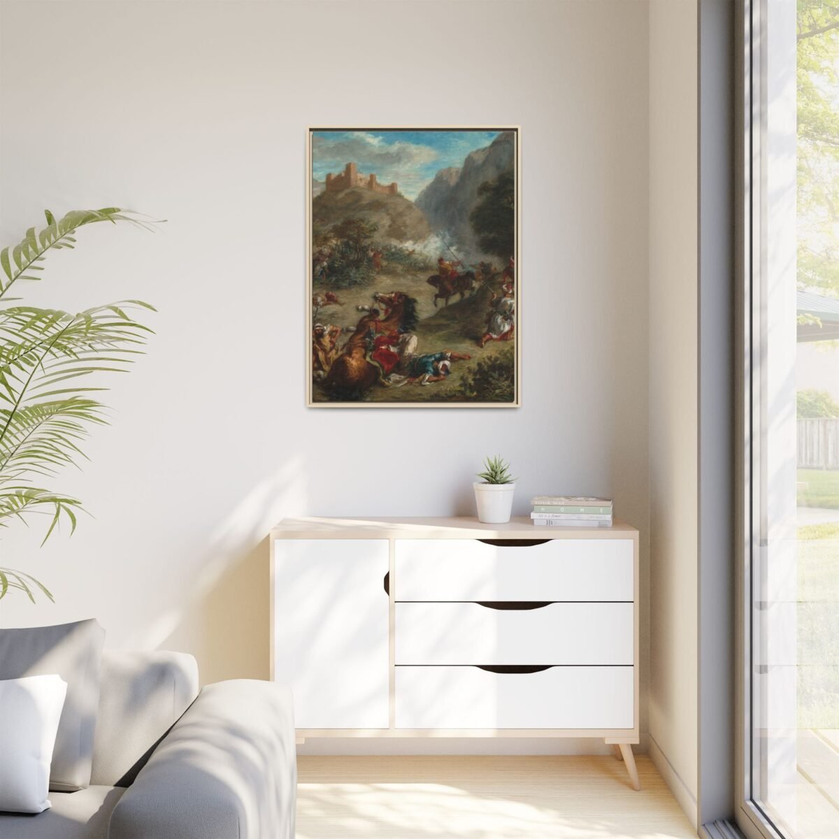 Vintage Castle Battle Framed Canvas Wall Art, Dramatic Mountain Cavalry Artwork