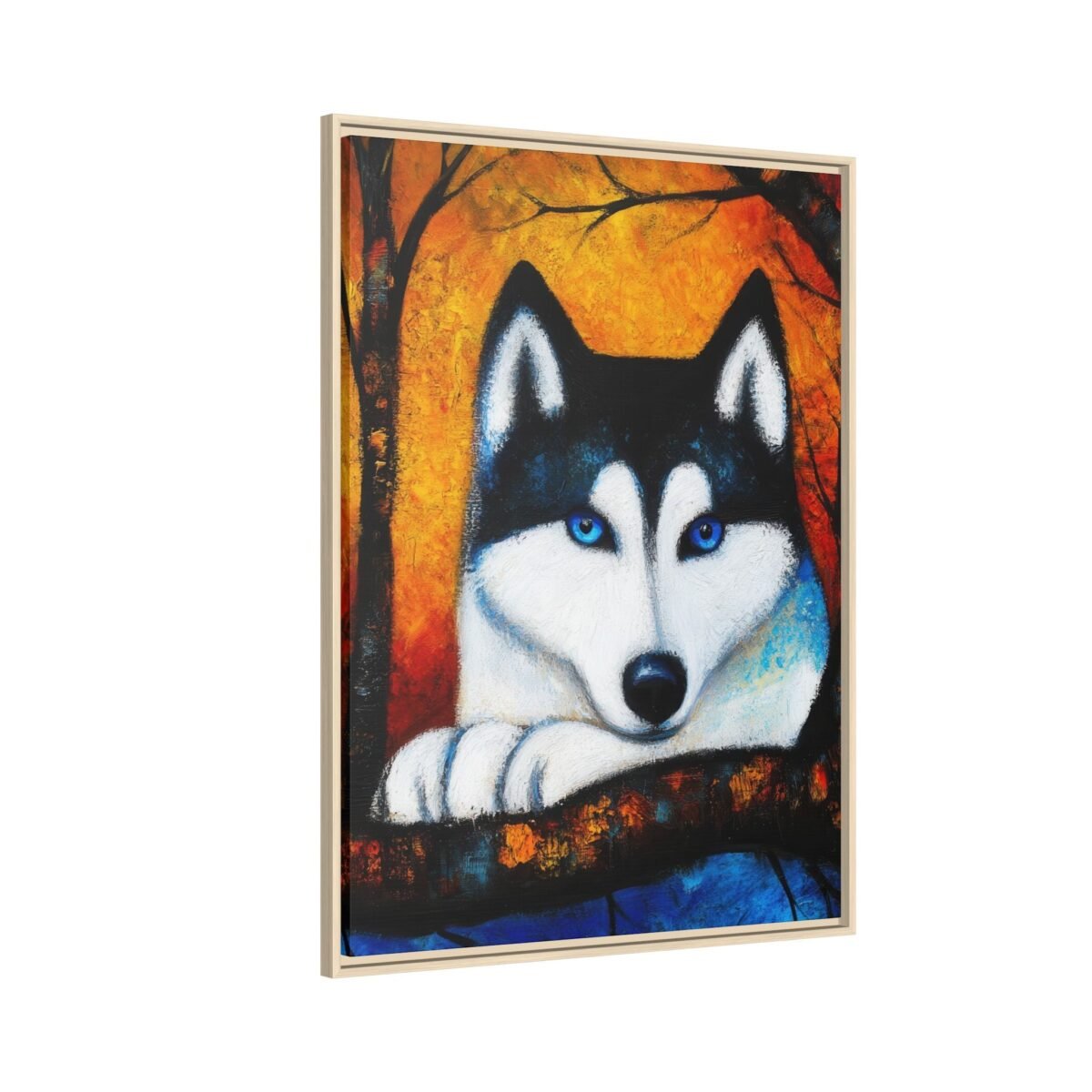 Framed Wolf Canvas Wall Art, Blue-Eyed Wildlife Portrait for Rustic Decor