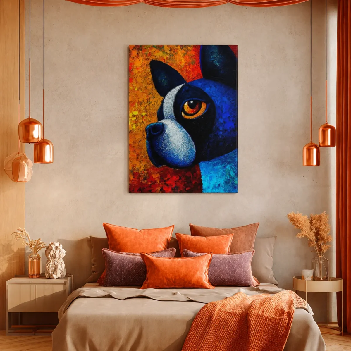 Blue and Black Dog Wall Art Canvas, Colorful Modern Pet Portrait for Home Decor
