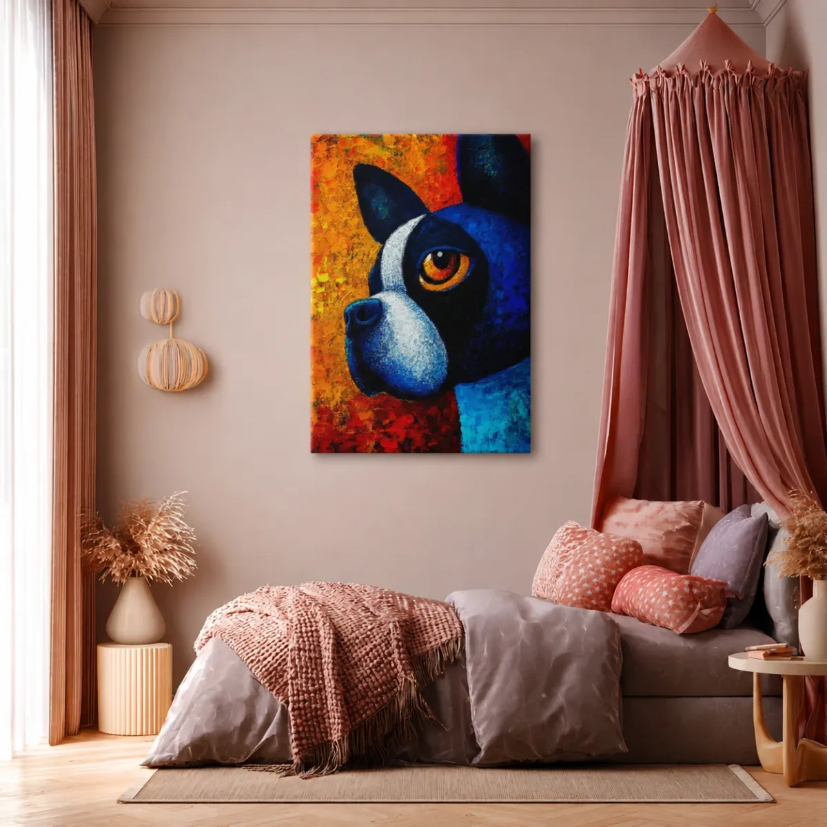 Blue and Black Dog Wall Art Canvas, Colorful Modern Pet Portrait for Home Decor