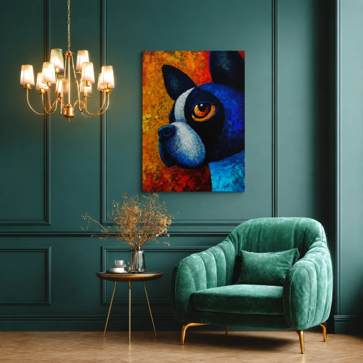 Blue and Black Dog Wall Art Canvas, Colorful Modern Pet Portrait for Home Decor