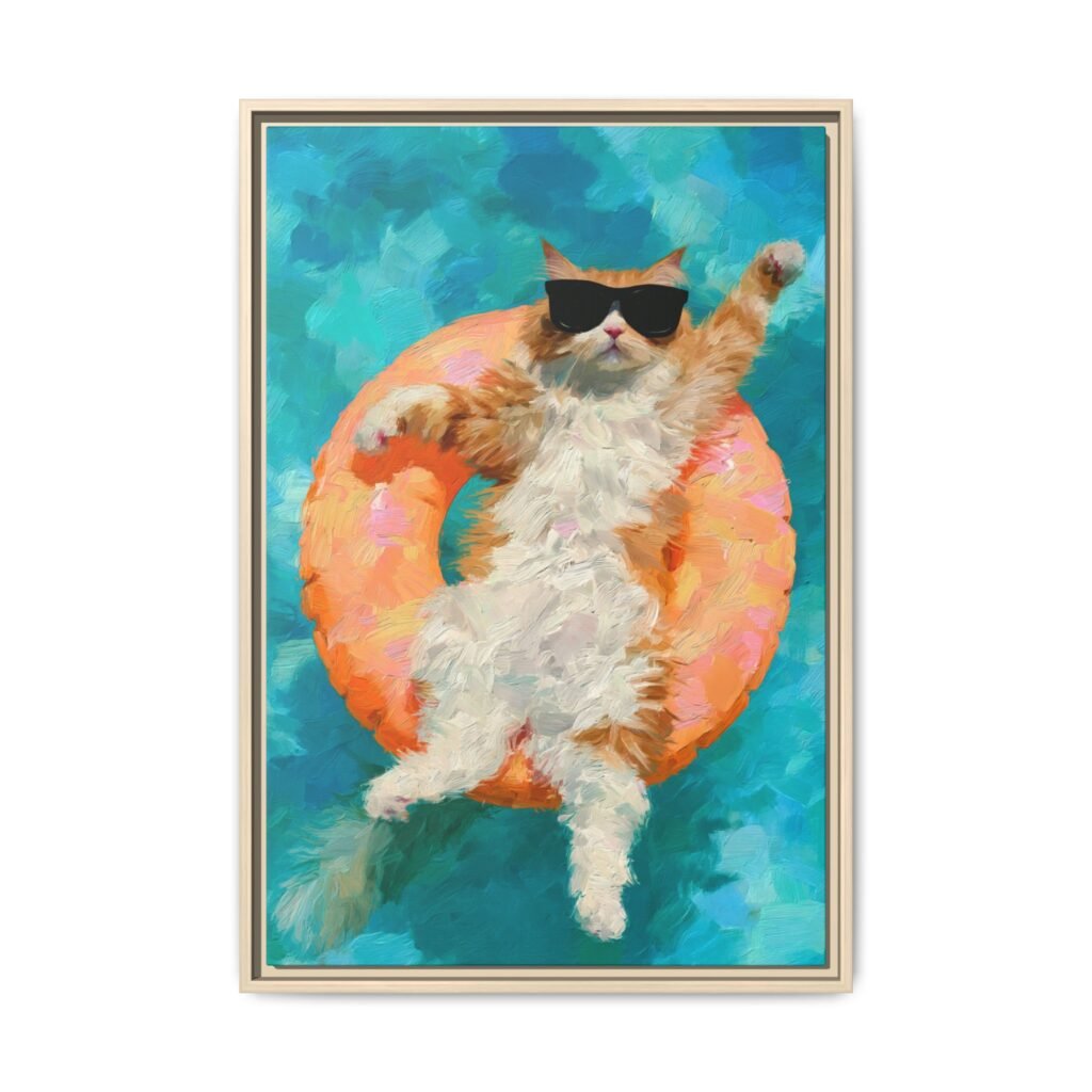 Cool Cat Pool Float Framed Canvas Print — Retro Sunglasses Summer Wall Art