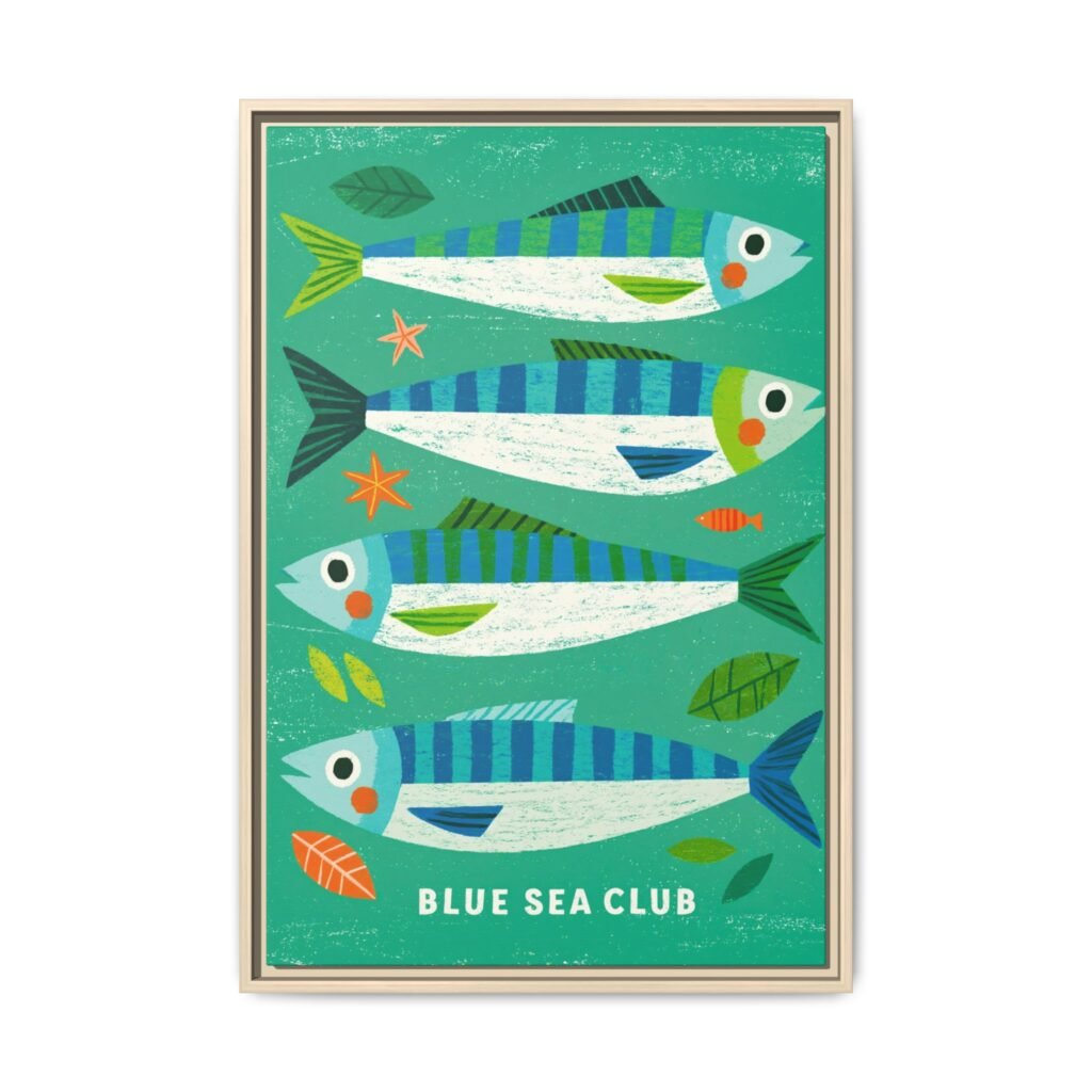 Colorful Blue Sea Fish Wall Art, Premium Matte Framed Canvas