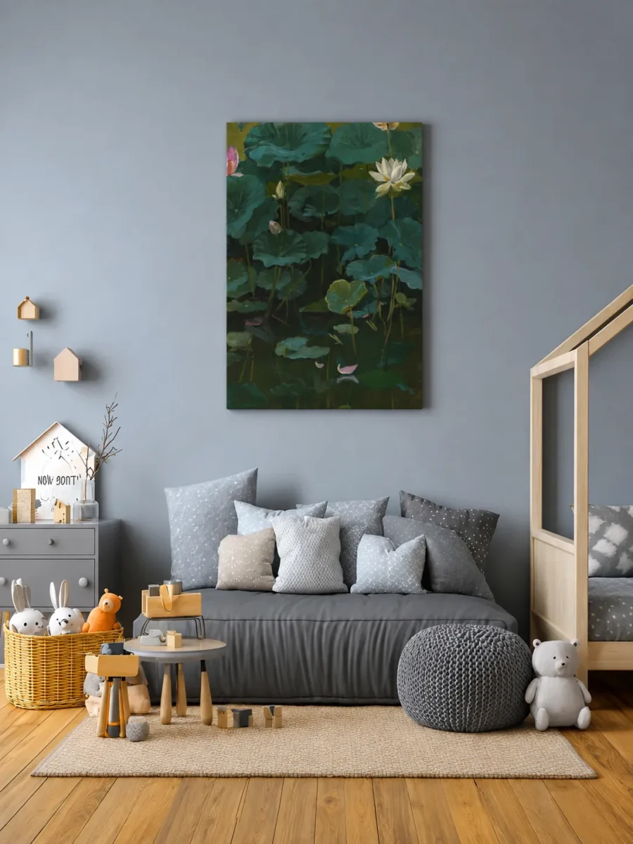 Vintage Lotus Pond Canvas Wall Art – Moody Botanical Water Lily Painting Decor