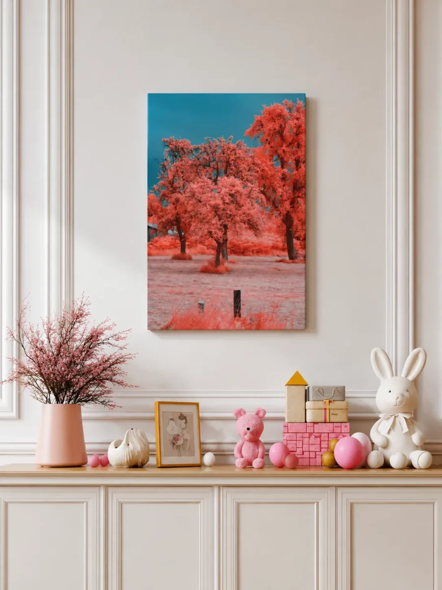23 (3) Coral Red Trees Canvas Wall Art, Premium Matte Canvas Nature Decor in Teal