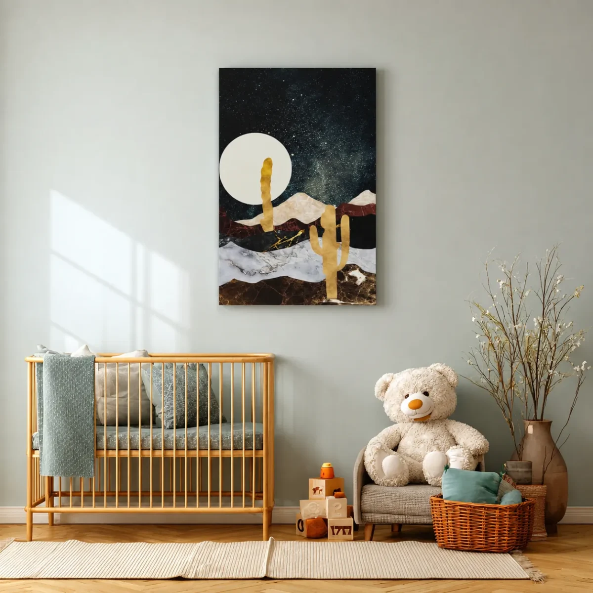 Premium Matte Desert Landscape Canvas Wall Art – Celestial Mountain & Cactus Decor