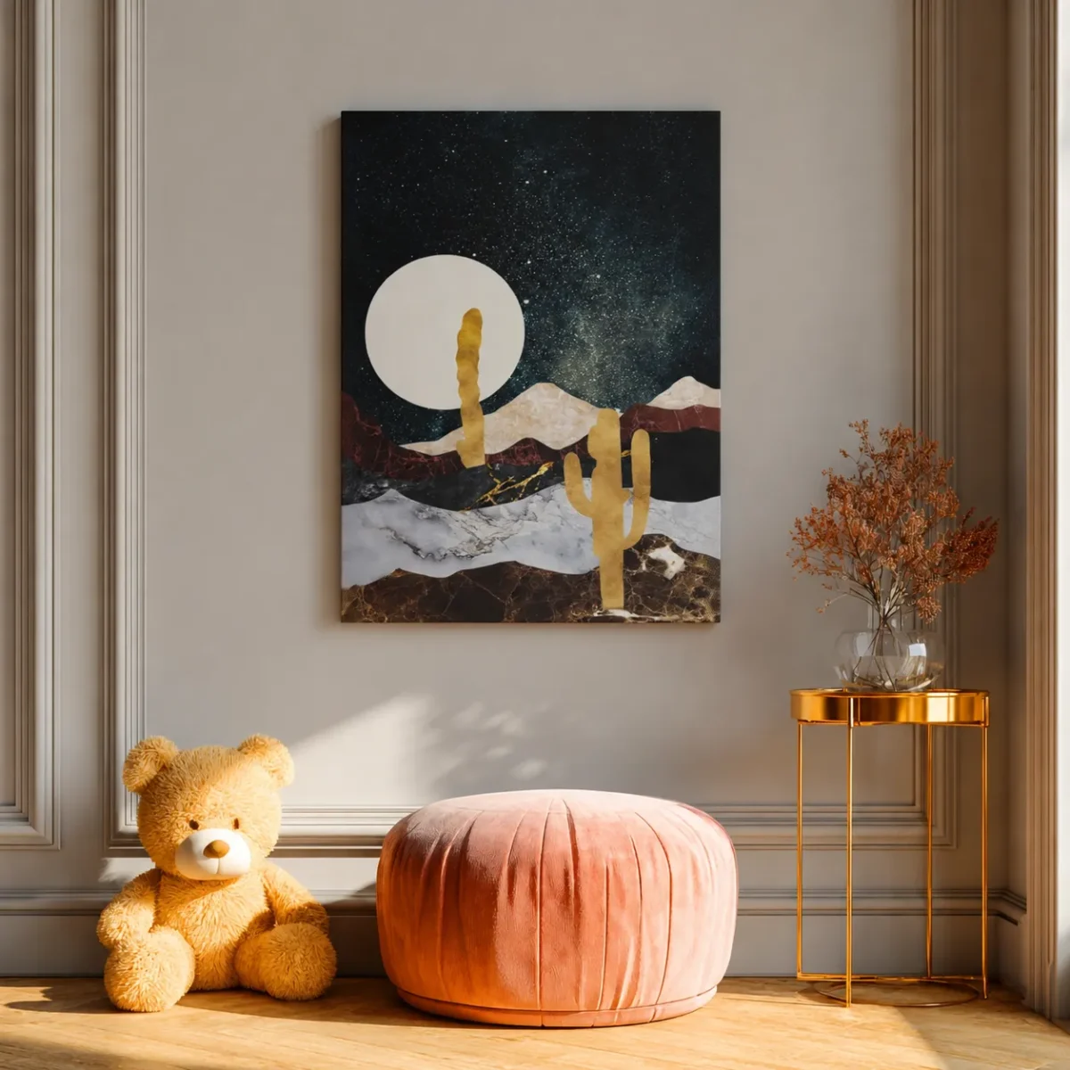 Premium Matte Desert Landscape Canvas Wall Art – Celestial Mountain & Cactus Decor