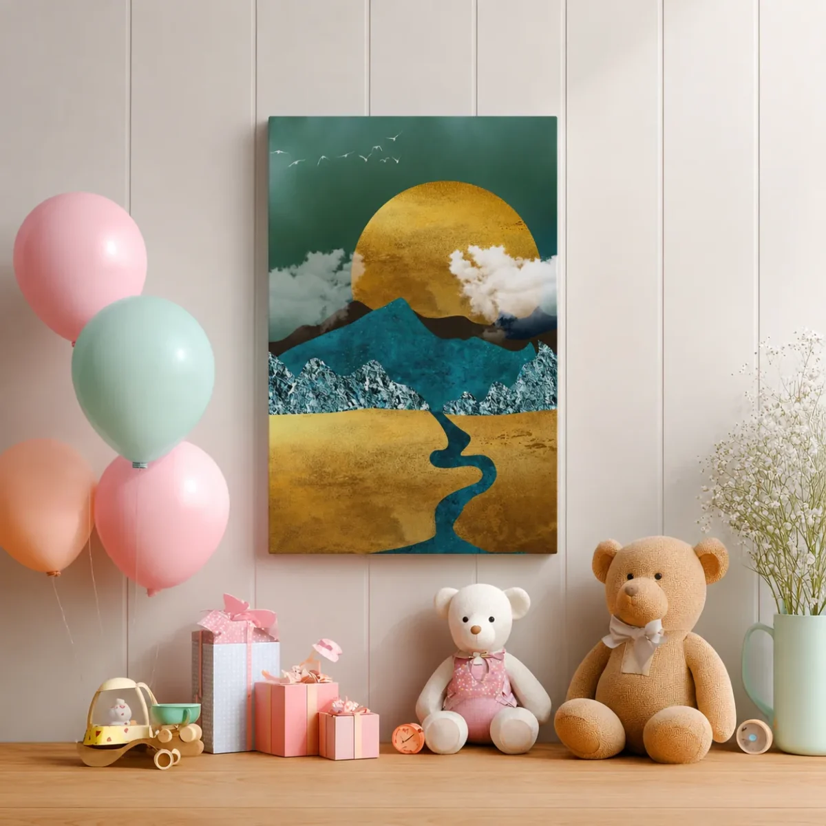 Golden Mountain River Landscape Wall Art – Premium Matte Canvas Decor