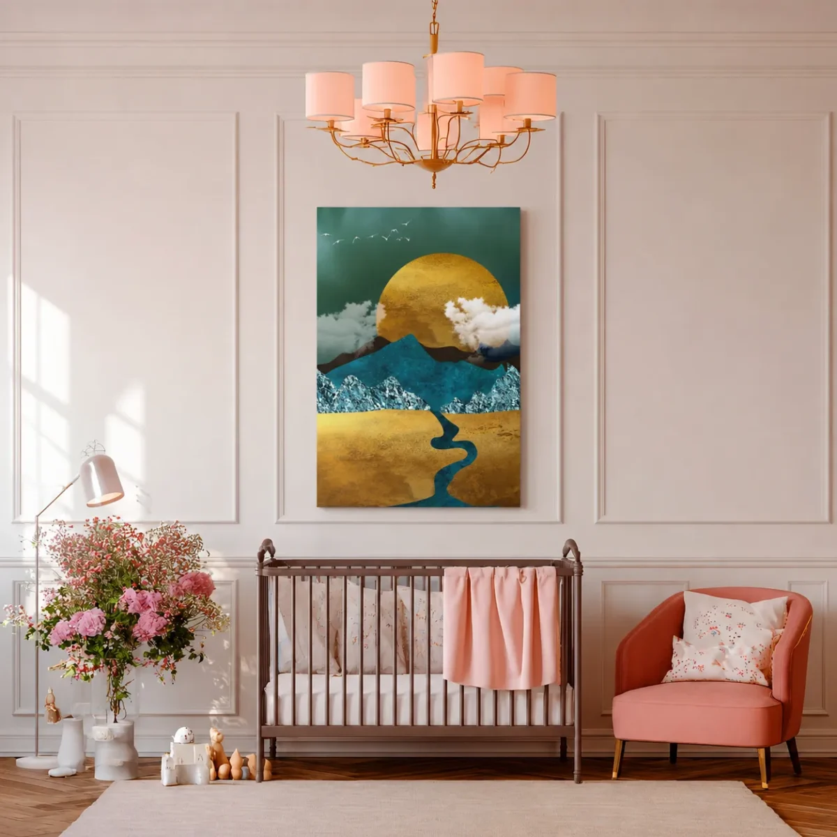 Golden Mountain River Landscape Wall Art – Premium Matte Canvas Decor
