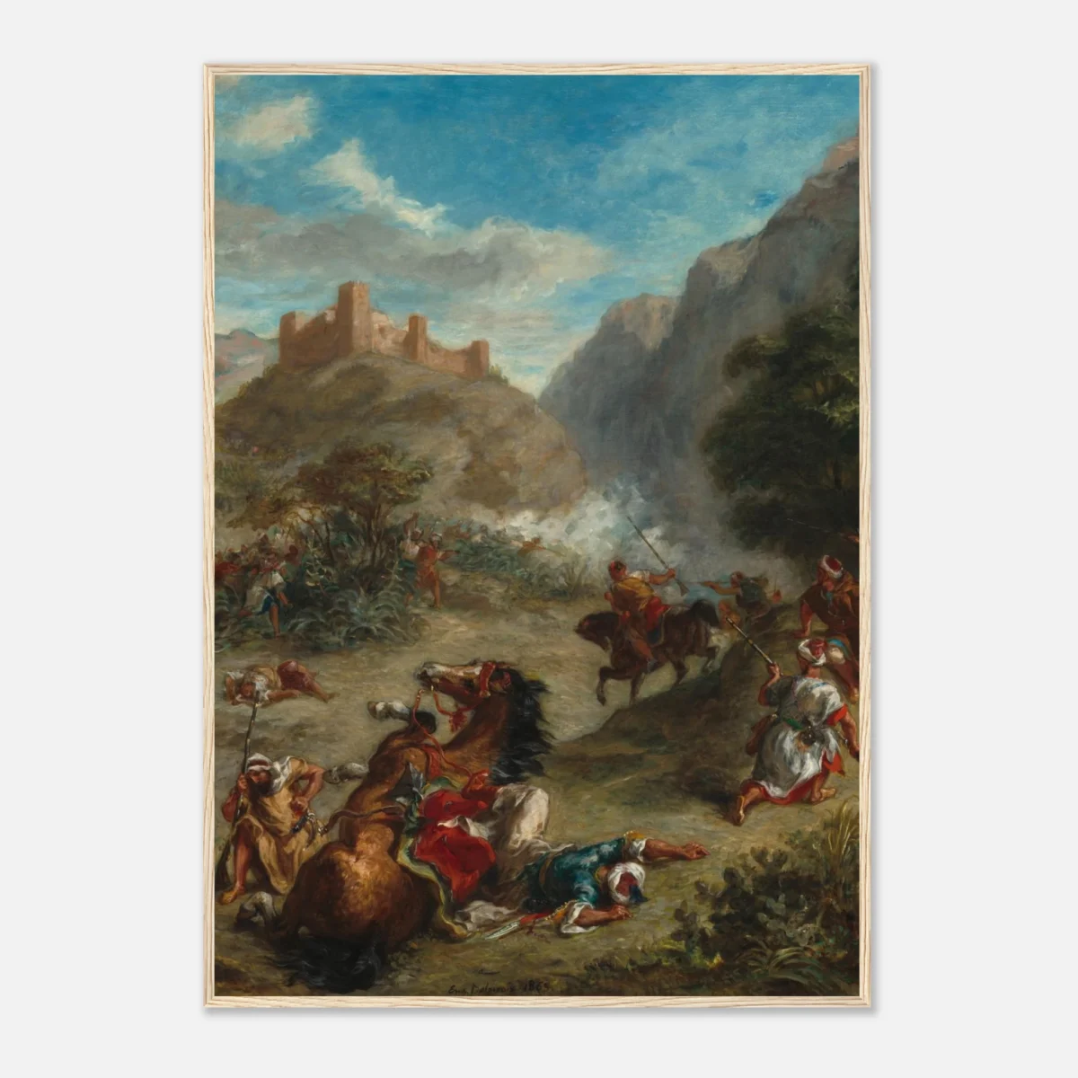 Vintage Castle Battle Framed Print, Dramatic Mountain Cavalry Historical Artwork