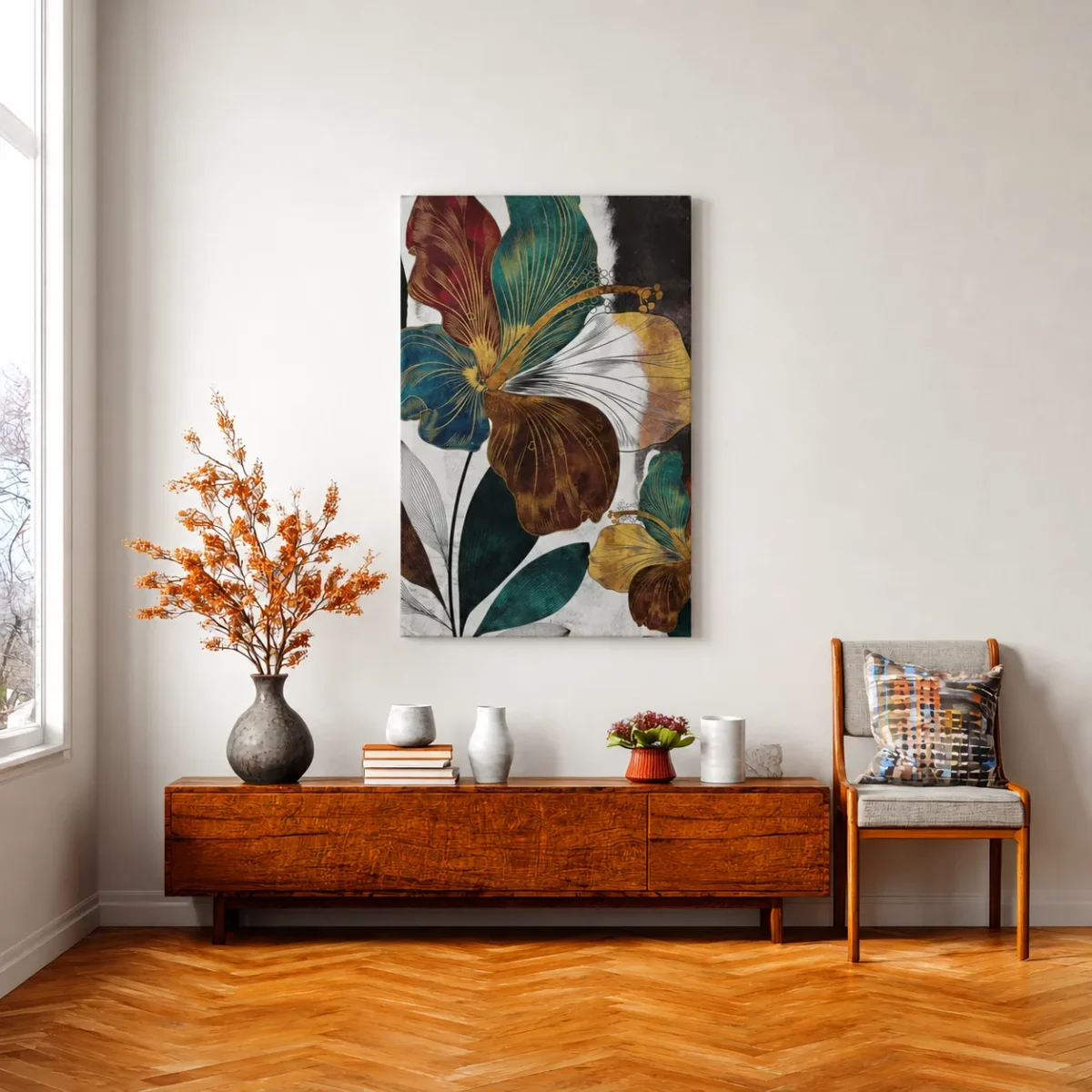 Art Deco Botanical Floral Wall Art – Premium Matte Canvas in Teal & Gold