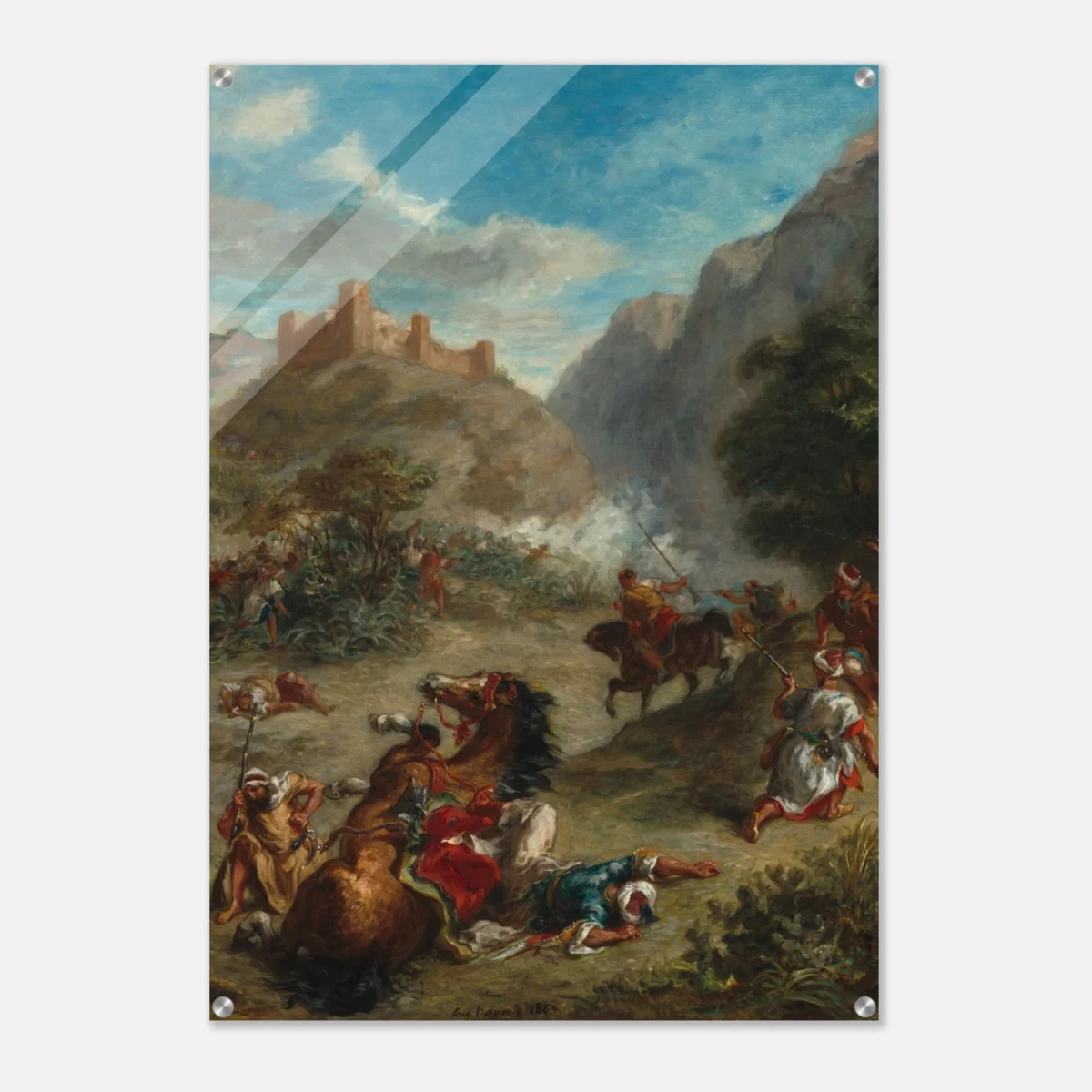 Vintage Castle Battle Acrylic Wall Art, Dramatic Mountain Cavalry Historical Scene