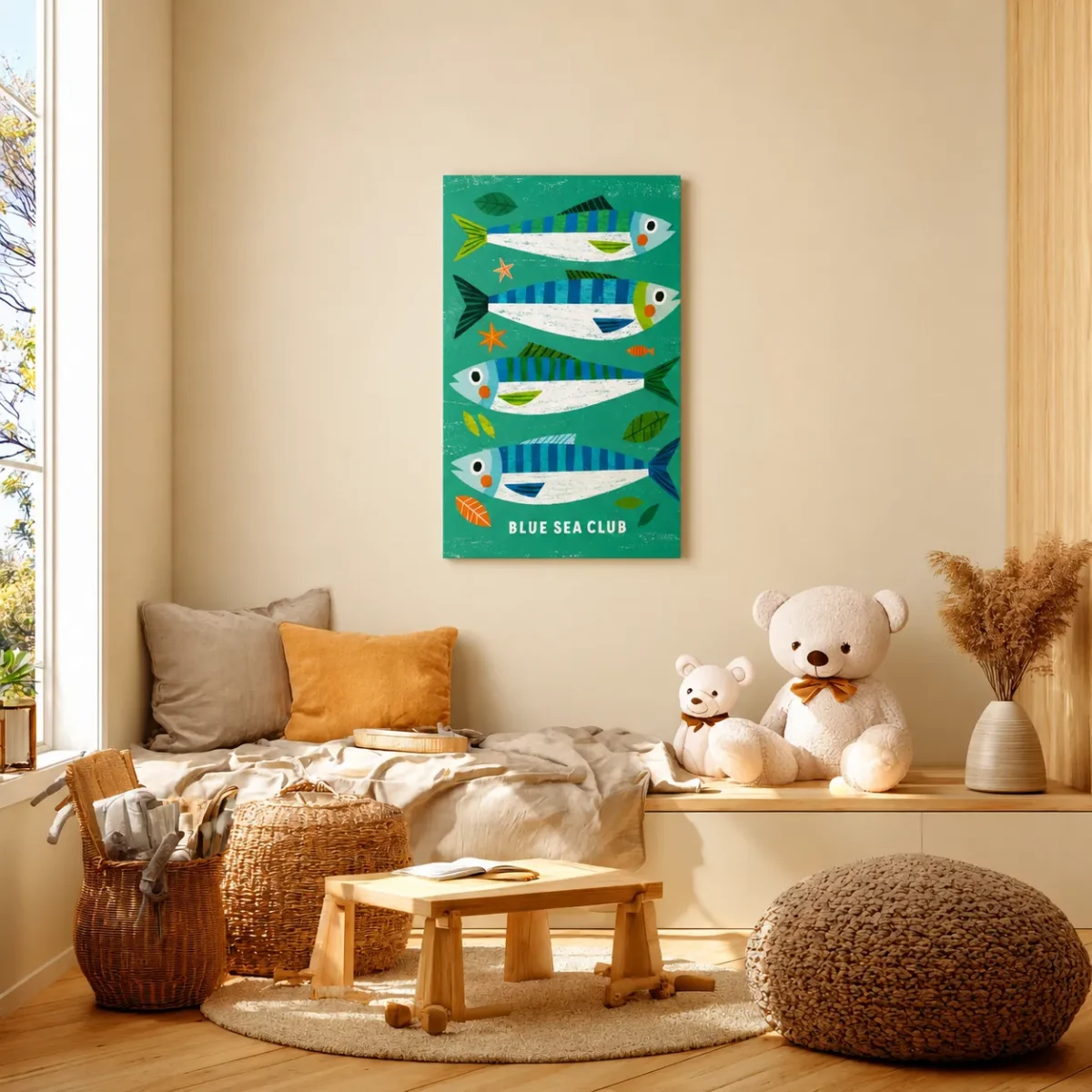 Blue Sea Fish Wall Art, Premium Matte Stretched Canvas, Coastal Decor