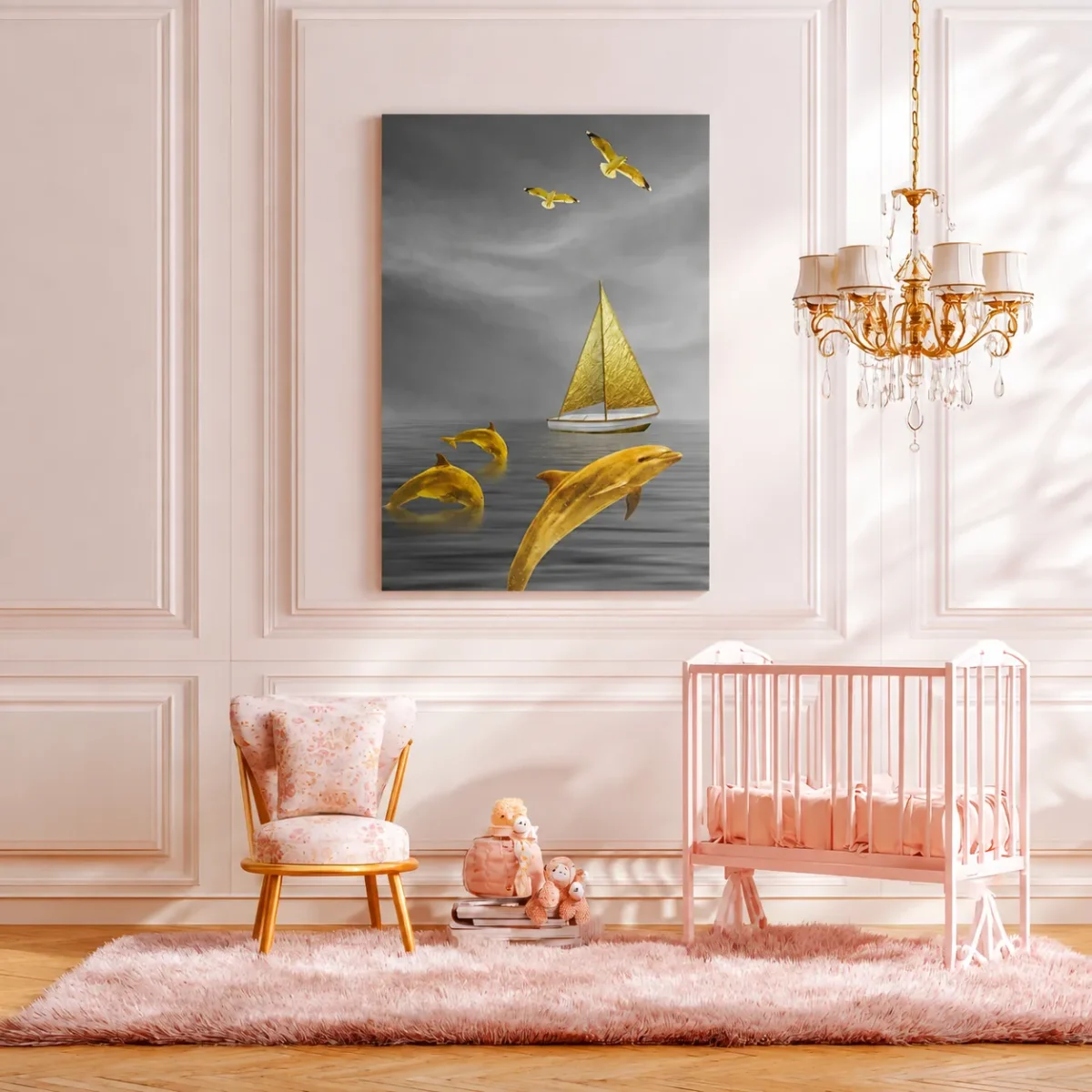40 (3) Golden Dolphin Ocean Wall Art, Premium Matte Canvas, Coastal Nautical Decor