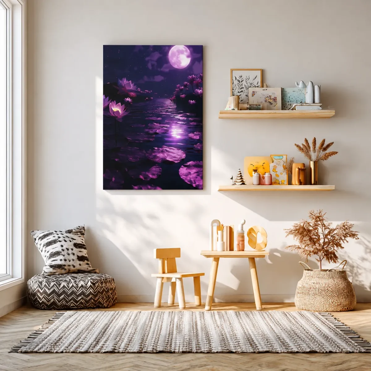 6 (2) Moonlit Lotus Canvas Wall Art | Dreamy Purple Matte Canvas for Modern Home Decor