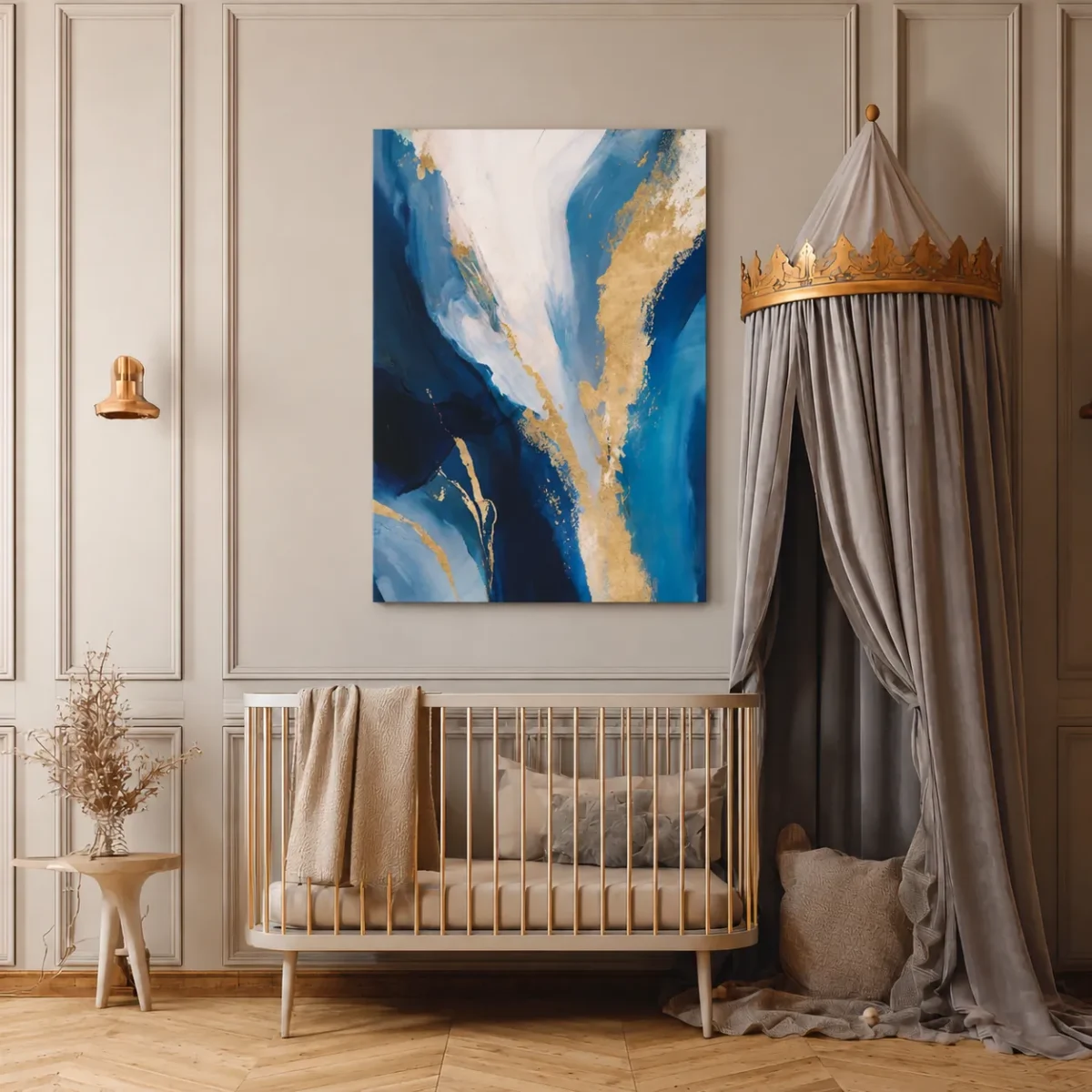 Blue Gold Abstract Canvas Wall Art, Luxury Modern Matte Canvas for Contemporary Interiors