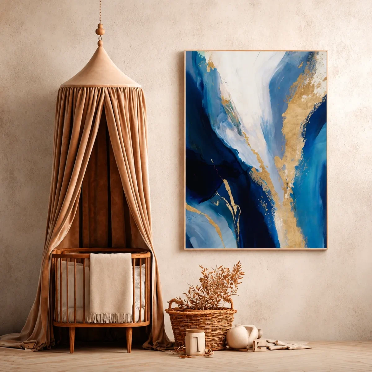 Blue Gold Abstract Canvas Wall Art, Luxury Modern Matte Canvas for Contemporary Interiors