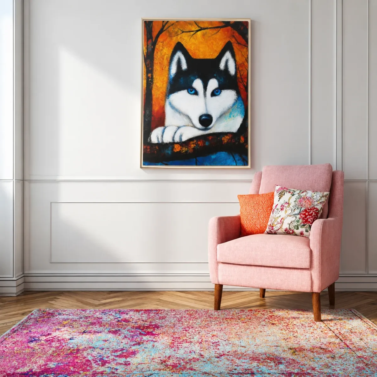 Framed Wolf Canvas Wall Art, Blue-Eyed Wildlife Portrait for Rustic Decor
