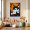 Framed Wolf Canvas Wall Art, Blue-Eyed Wildlife Portrait for Rustic Decor